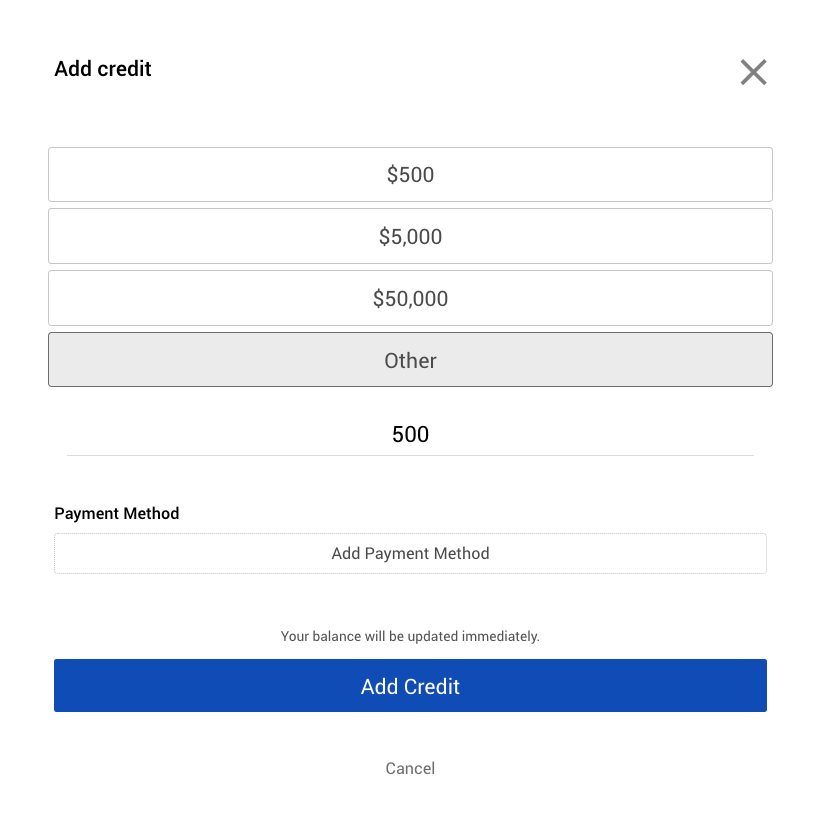 Increase Balance Screen Increase Balance Screen