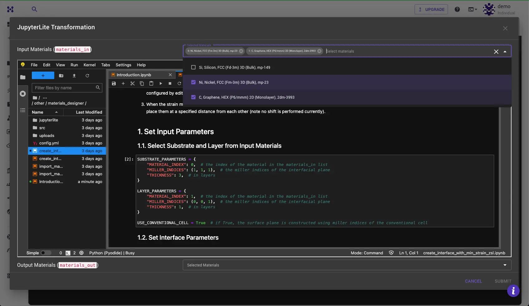 Select Input Materials JupyterLite Transformation dialog with materials_in dropdown opened