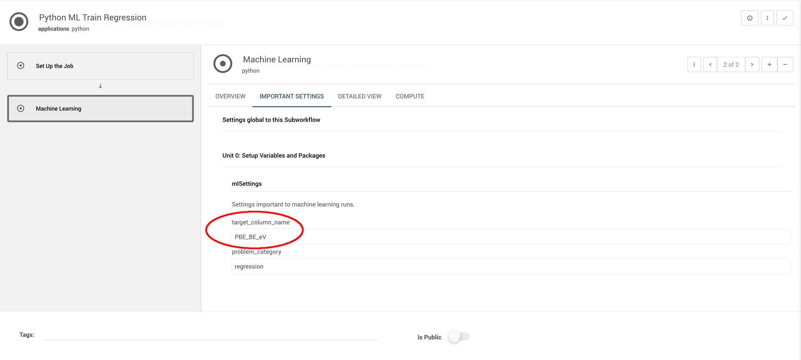 Important settings with target column name set Important settings with target column name set